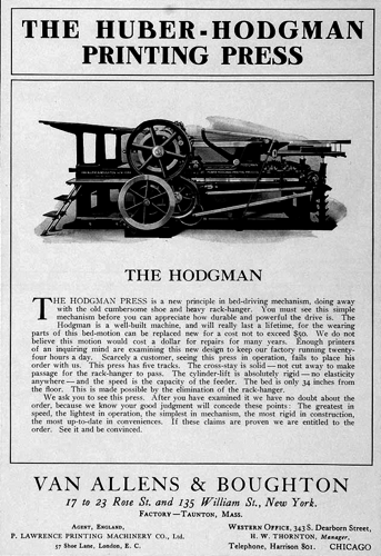 An ad for an older model Huber cylinder press.